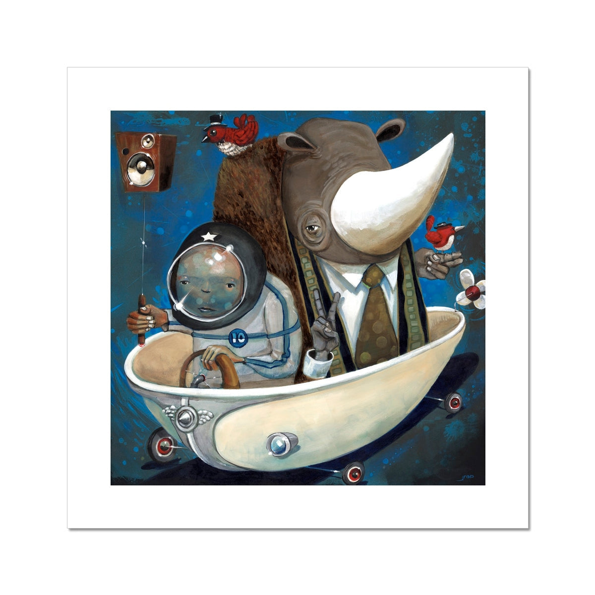 Preaching to the Choir by Prodigi features a whimsical scene: a child in a spacesuit and a rhino in a suit share a clawfoot tub floating in space, with birds perched on the rhino’s horn and atop a radio behind them.