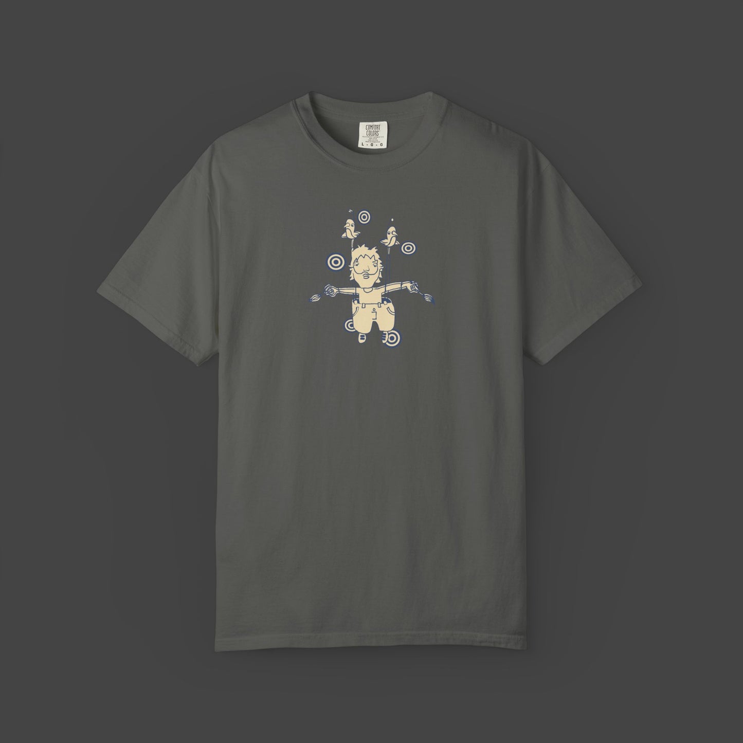 The Surreal, inspirational, and funny Unisex T-shirt - The Day I Learned to Fly by Jarrod Eastman showcases a dark gray cartoon art of a person juggling and balancing, accented with target symbols and doodles in beige and blue tones.