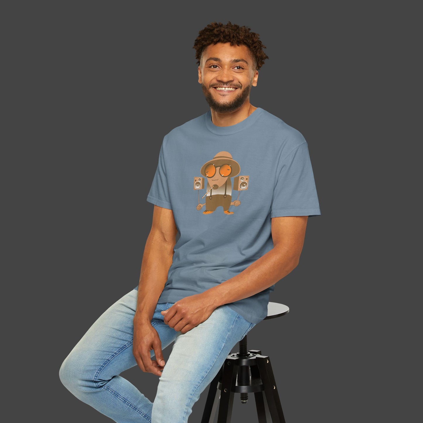 man wearing Southern intonation t-shirt design in blue by Jarrod Eastman.