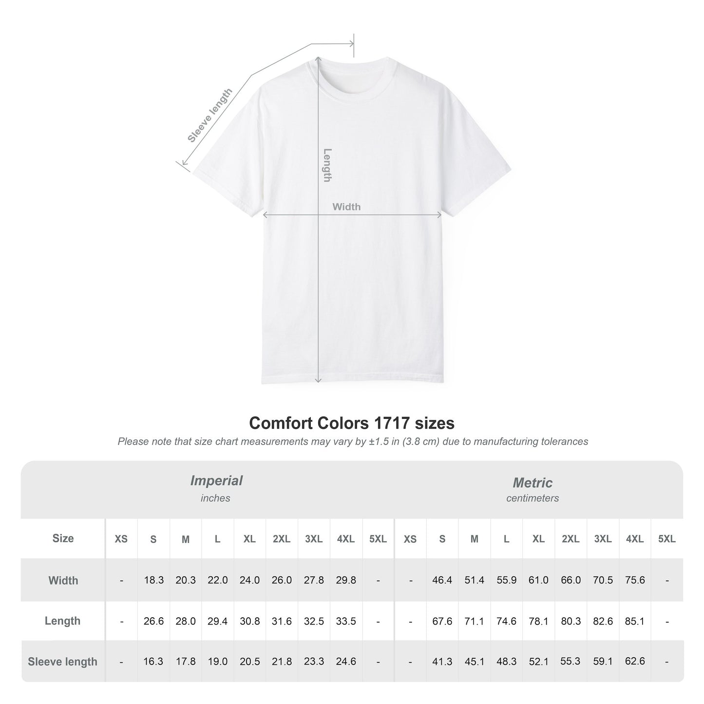 A sizing chart for “The Day I Learned to Fly” by Jarrod Eastman, a surreal and funny unisex T-shirt with a diagram showing how to measure length and width. Sizes XS–4XL listed in inches and centimeters for the perfect fit.