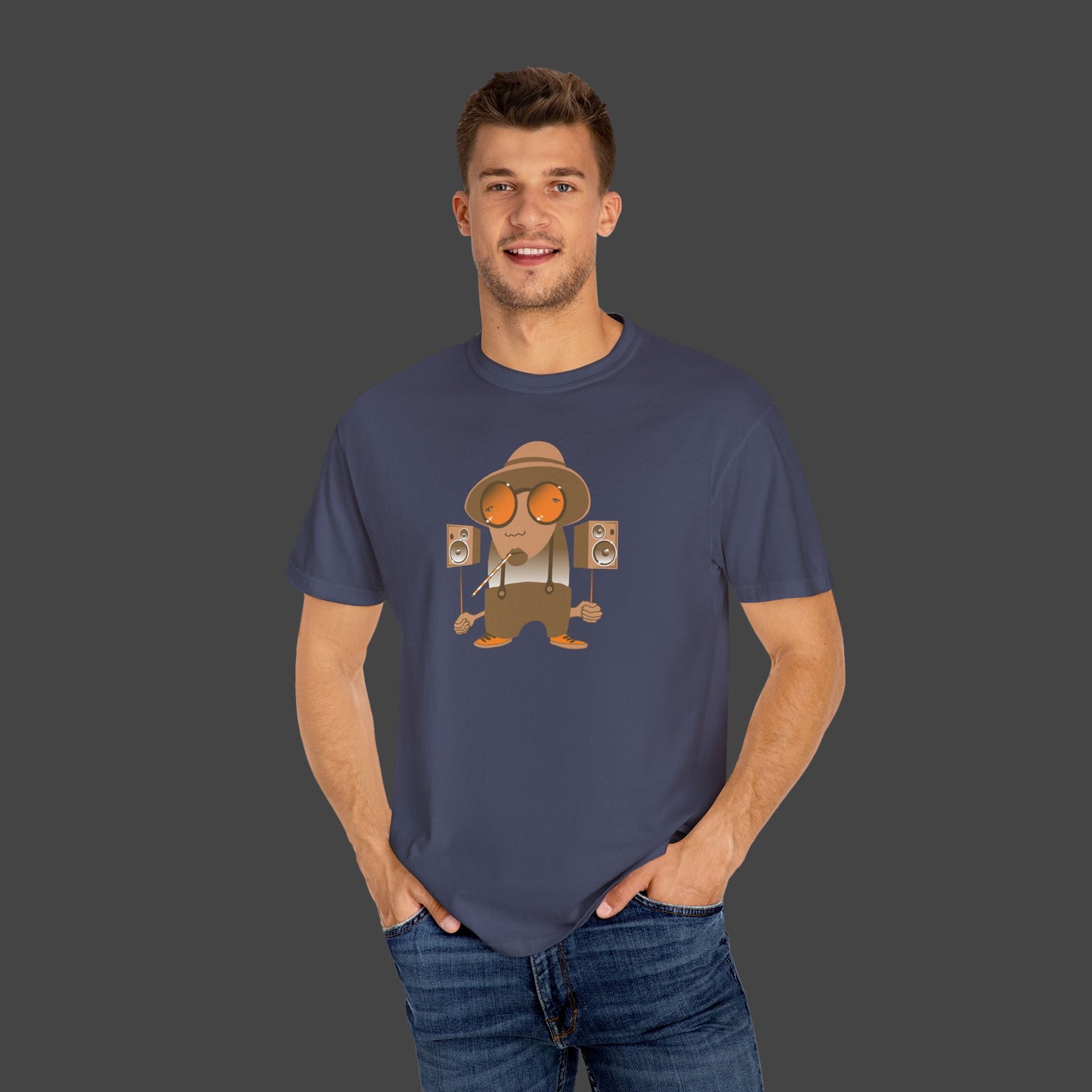 man wearing Southern intonation t-shirt design in navy blue by Jarrod Eastman.