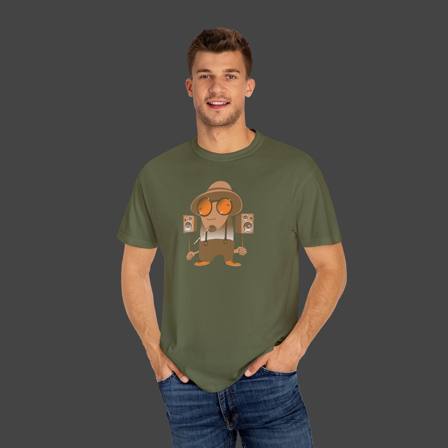man wearing Southern intonation t-shirt design in olive green by Jarrod Eastman.