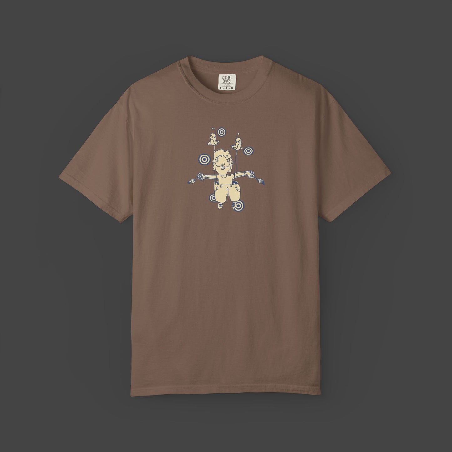 The Day I Learned to Fly by Jarrod Eastman Unisex T-shirt features a surreal, cartoon-style flying figure with birds