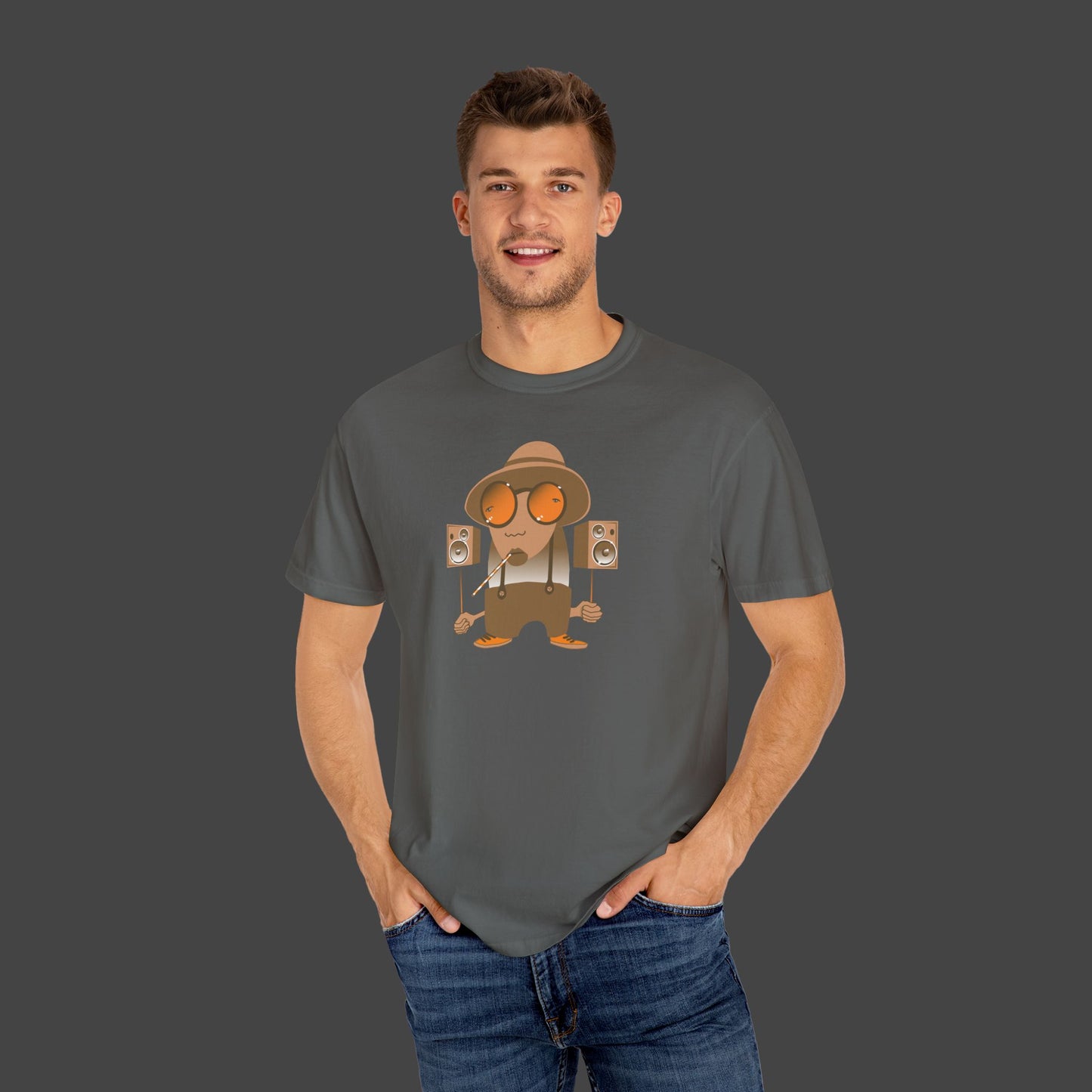 man wearing Southern intonation t-shirt design in grey by Jarrod Eastman.
