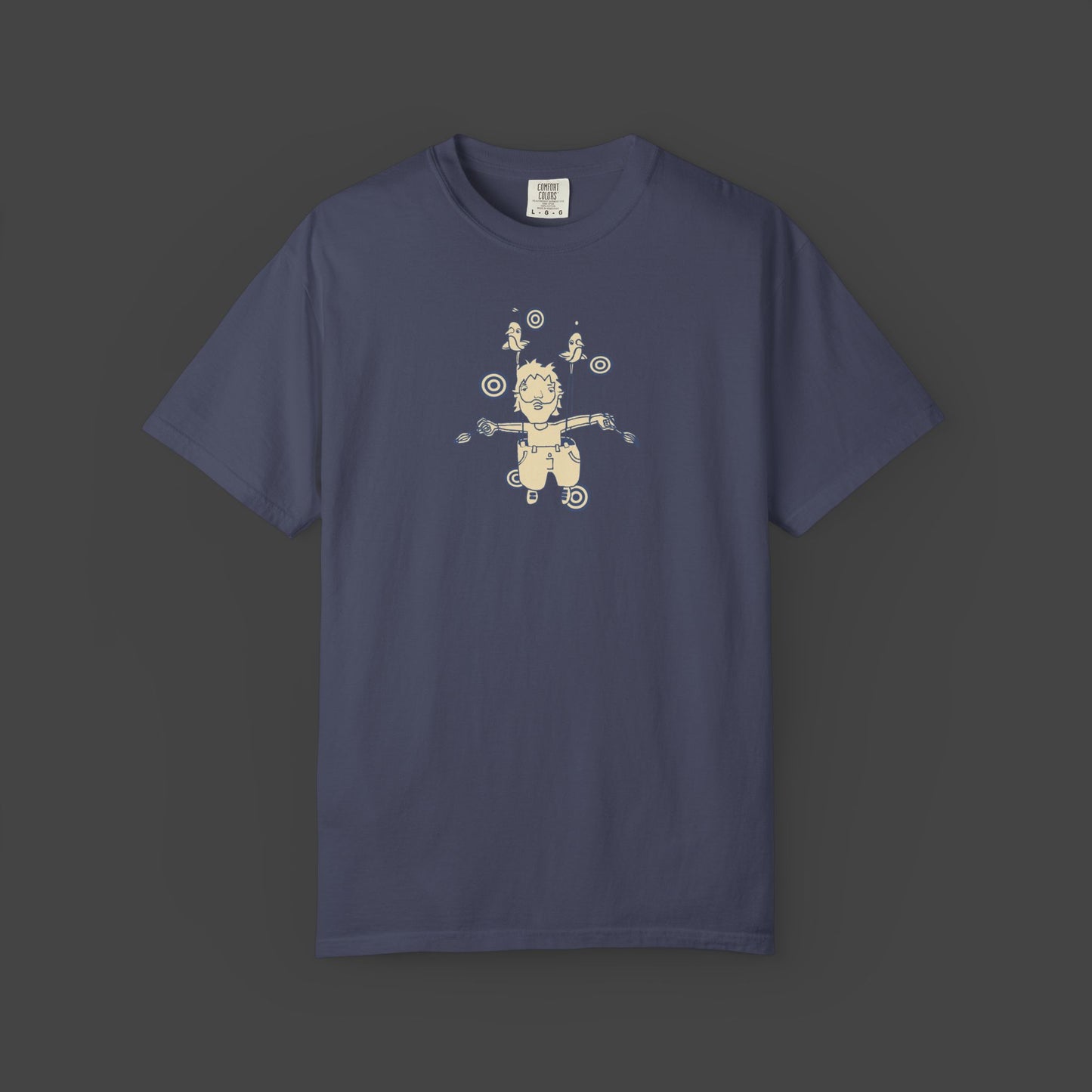 The “Surreal, inspirational, and funny Unisex T-shirt - The Day I Learned to Fly by Jarrod Eastman features a surreal, cartoon-style flying figure with birds
