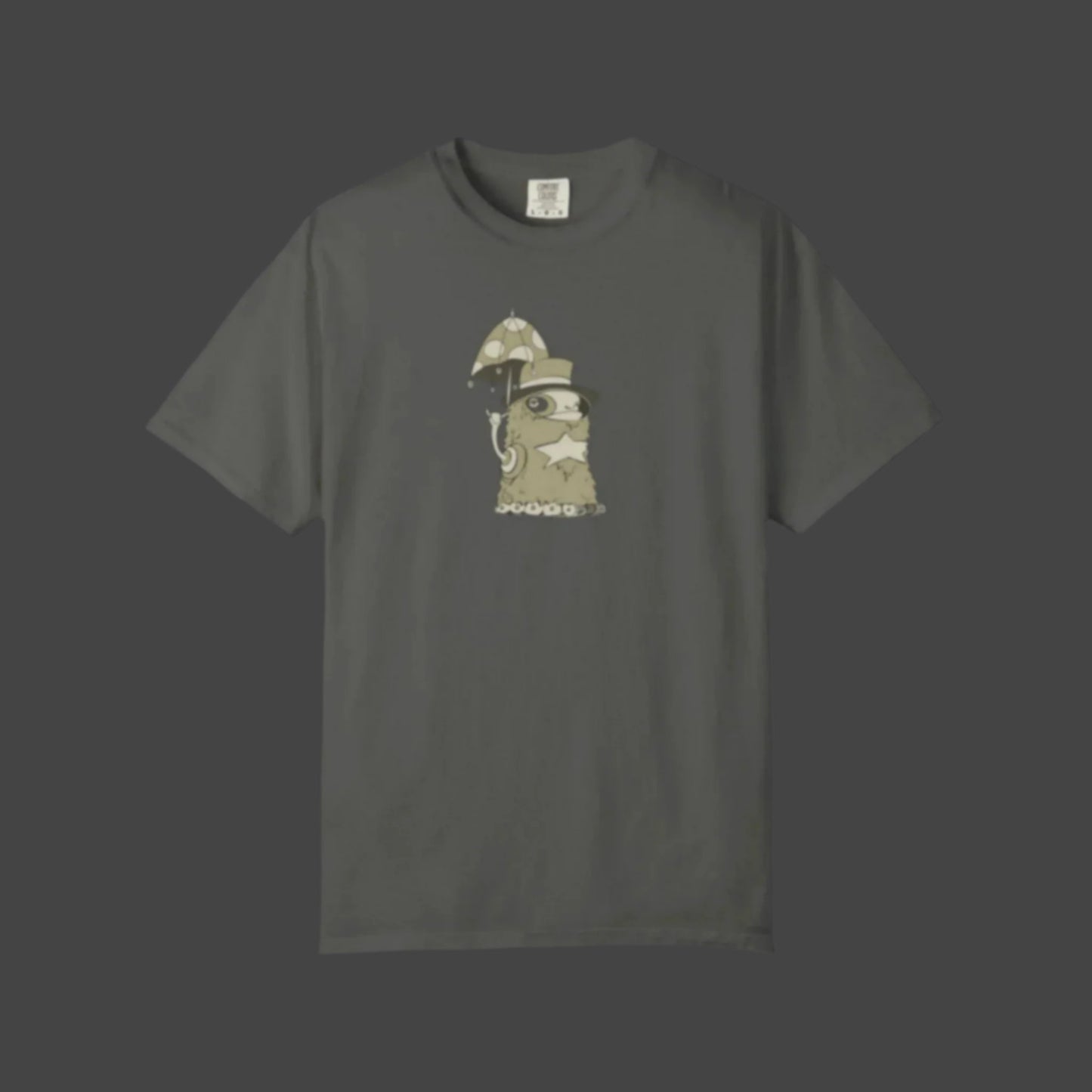 The Funky Monster T-shirt – Uptown Lester Design by Printify features a dark gray cartoon slug in a helmet and monocle, holding an ornate umbrella with a chain, capturing playful New Orleans monster vibes in a unique artistic style.
