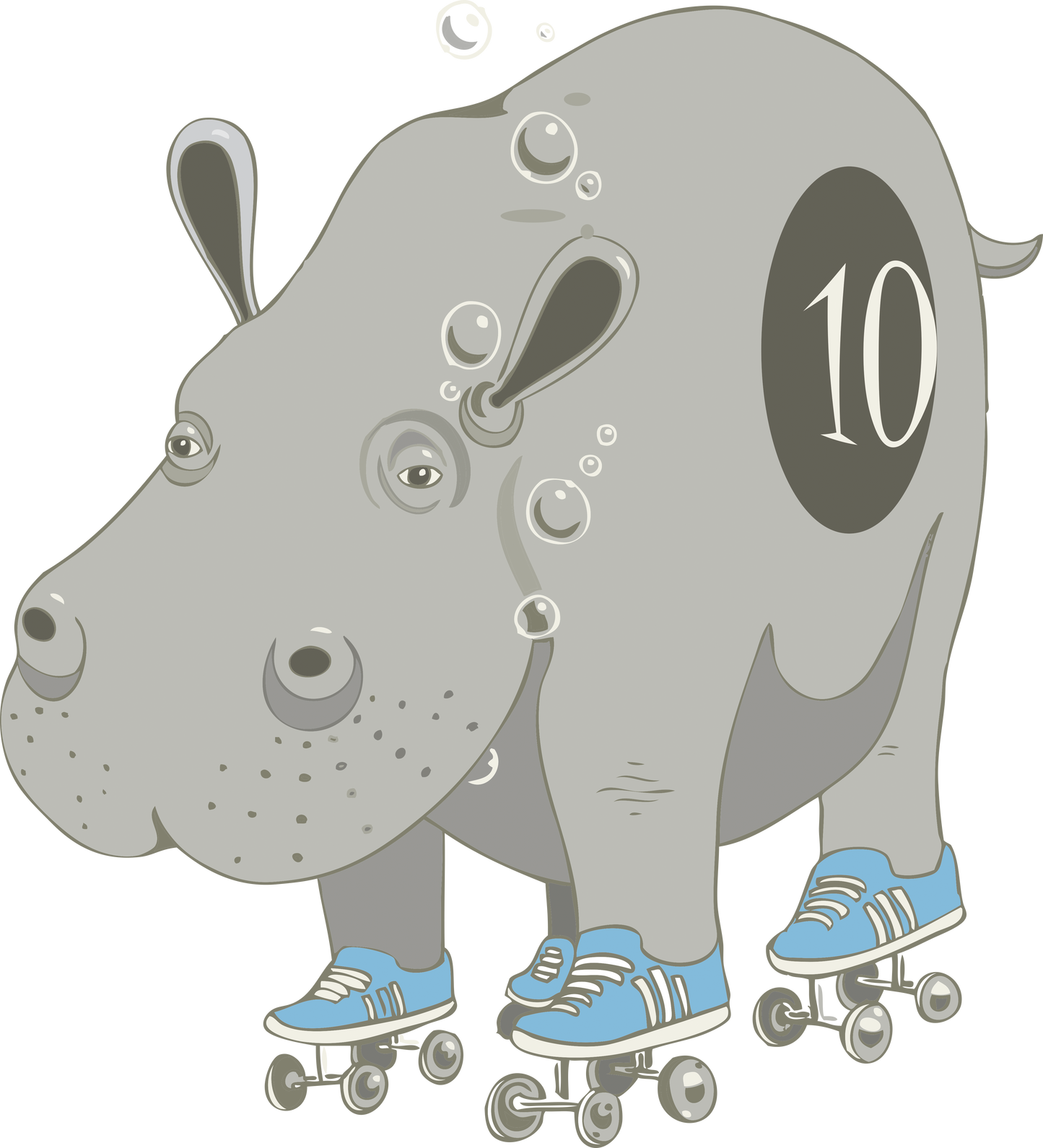 A cartoon hippo wearing blue sneakers is roller-skating. It has the number 10 on its side and bubbles floating around its head.