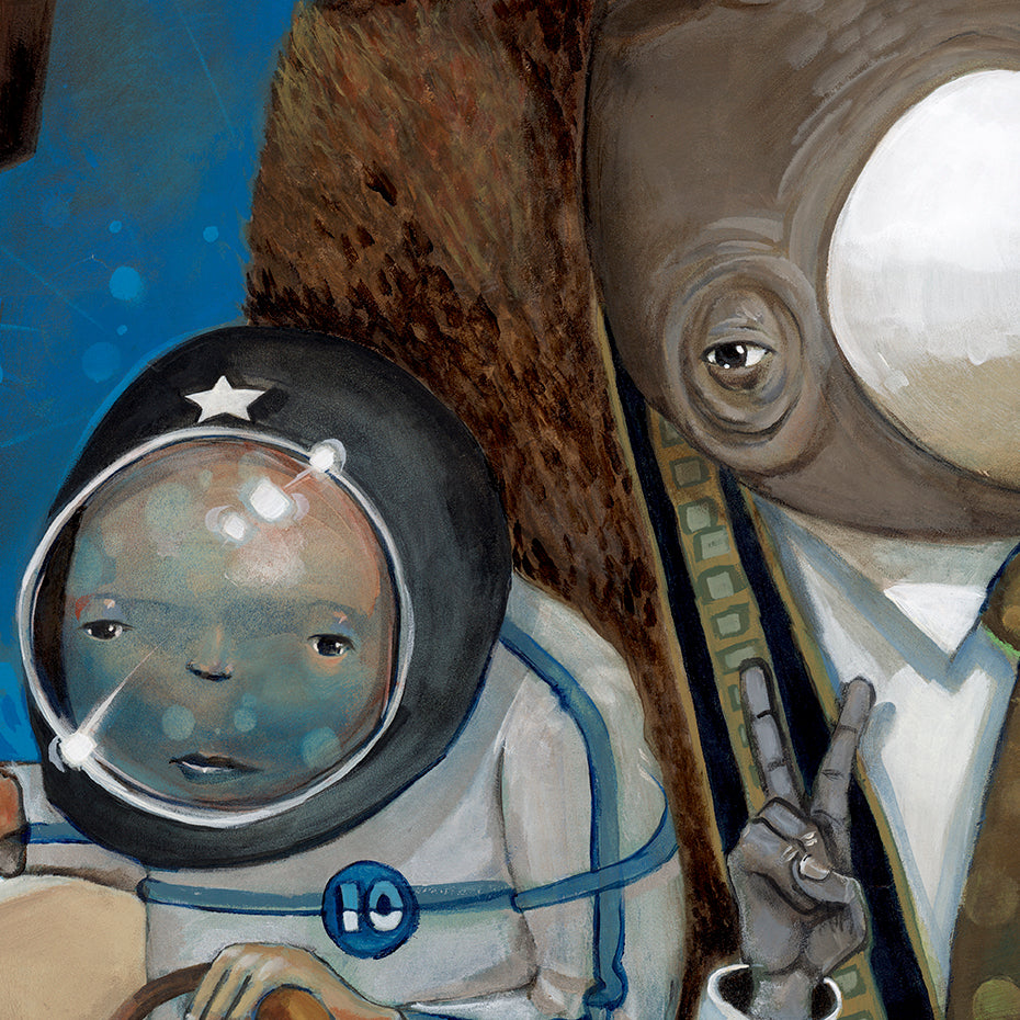 In “Preaching to the Choir” by jarrodeastman, a child in a spacesuit sits beside an octopus-headed figure in a suit flashing a peace sign, set against earthy tones and abstract textures.