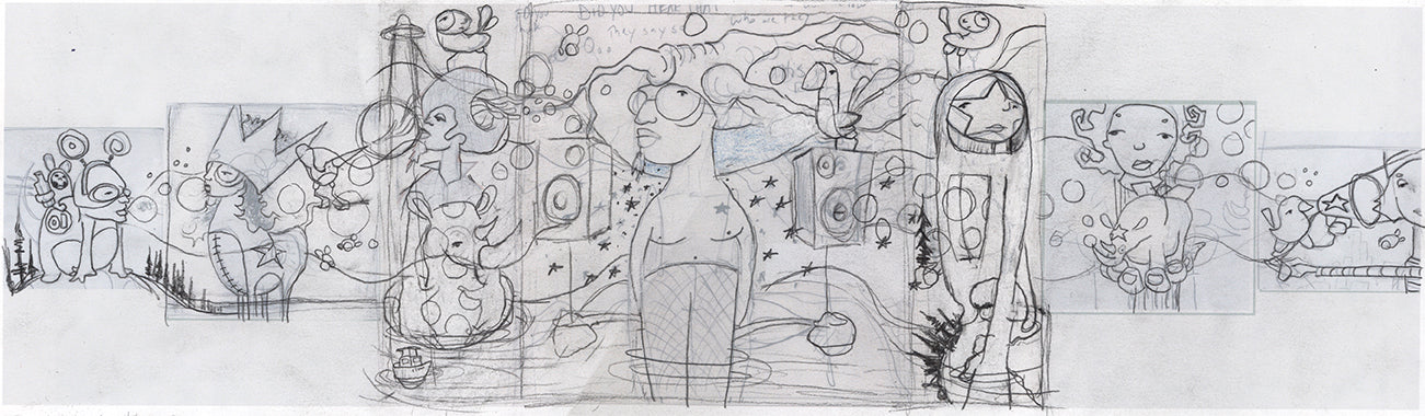 The sketch by jarrodeastman is a playful pencil drawing featuring a central human figure amid surreal elements—floating bubbles, animals, abstract shapes, and cartoonish faces—all rendered in an energetic style.