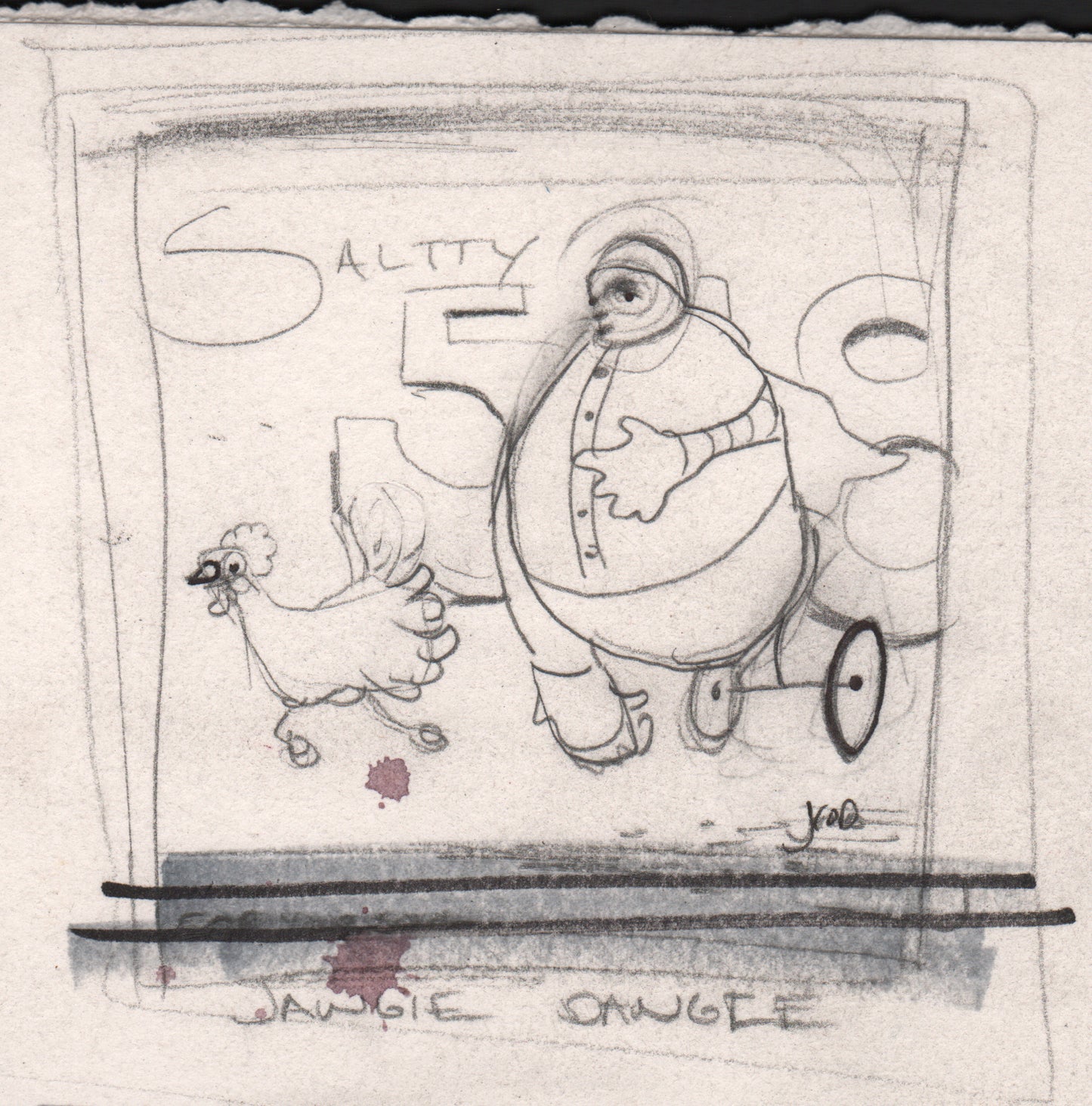 Wondering about the Nothingness by jarrodeastman is an original drawing of a round, one-eyed character in a shirt walking with a chicken, featuring SALTY and 50 in the background, smudges, and a bottom border.
