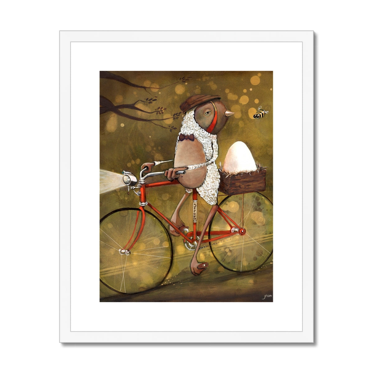 Spokes Malone by Jarrod Eastman: whimsical painting of a bird dressed in scarf and cap riding a red bicycle with a nest holding an egg, playful surreal art
