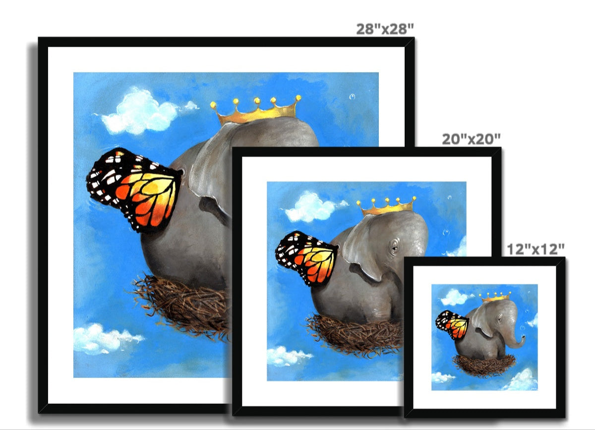 "Surreal elephant with monarch wings and crown resting in a nest of dreams." 3 framed sizes for comparison
