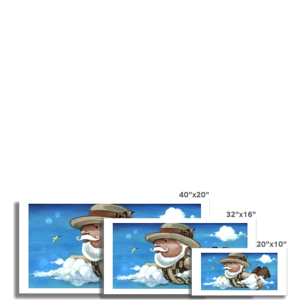 Floating and Fluttering by Prodigi depicts a cheerful bearded man in aviator gear flying over clouds with a small airplane, shown in three rectangular sizes. Available as archival-quality fine art paper reproductions.