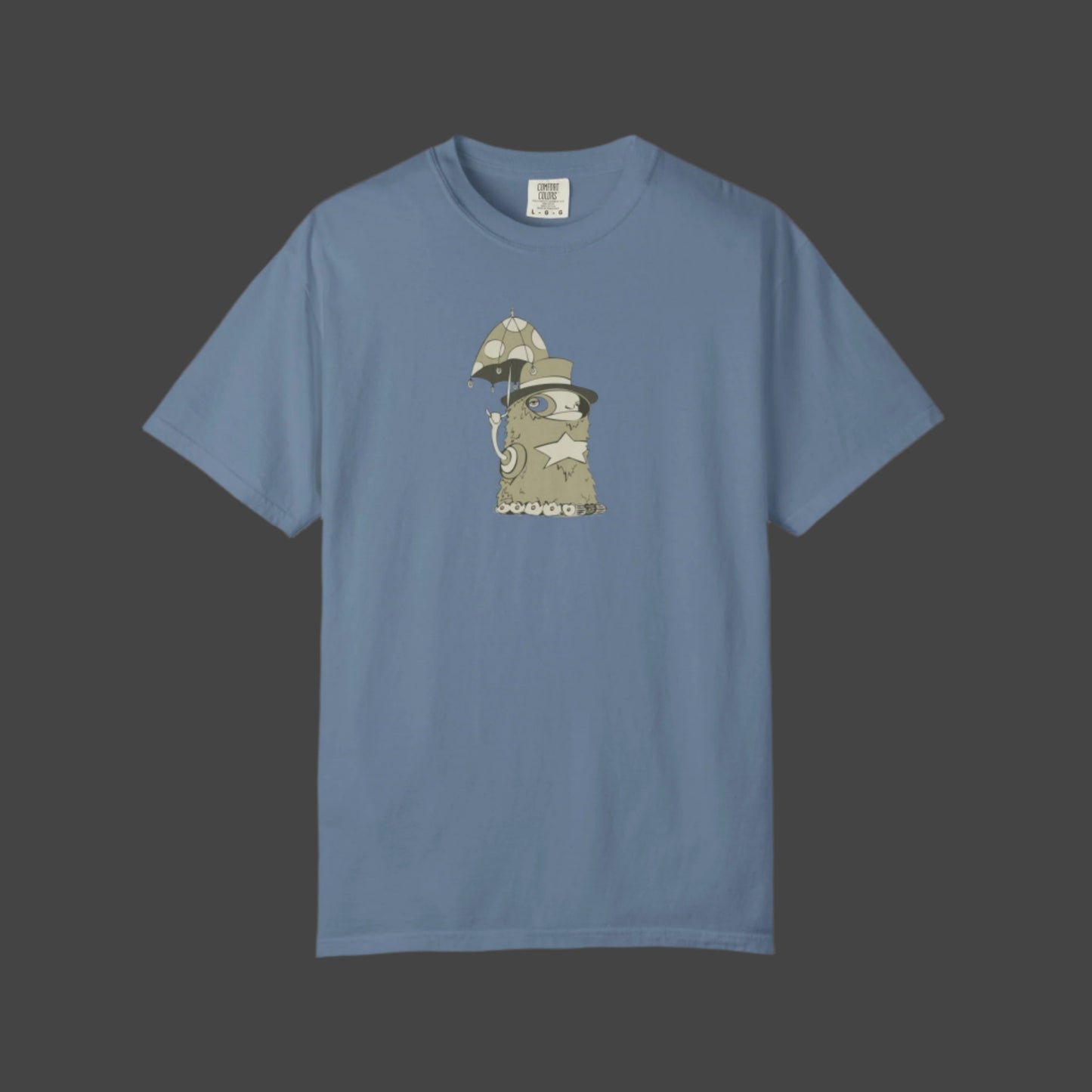 The Funky Monster T-shirt - Uptown Lester Design by Printify features a cartoon slug with glasses, headphones, and mushroom details—a bold, playful choice for fans of artistic and quirky styles.