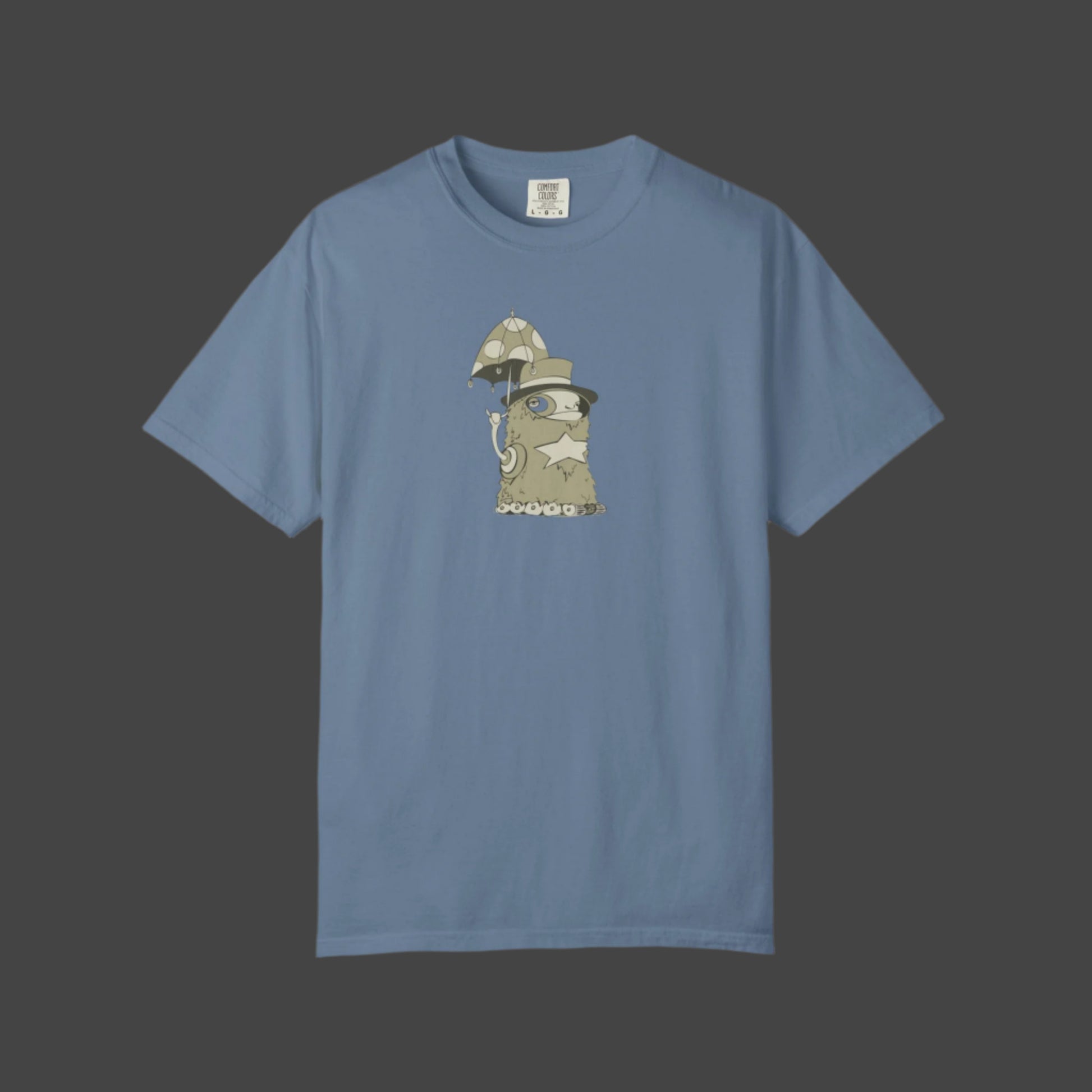 The Funky Monster T-shirt - Uptown Lester Design by Printify features a cartoon slug with glasses, headphones, and mushroom details—a bold, playful choice for fans of artistic and quirky styles.