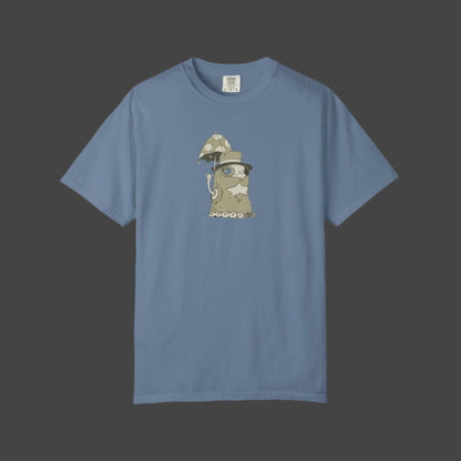The Funky Monster T-shirt - Uptown Lester Design by Printify features a cartoon slug with glasses, headphones, and mushroom details—a bold, playful choice for fans of artistic and quirky styles.