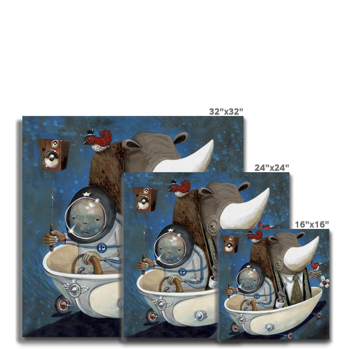 Preaching to the Choir  features whimsical art of a child in a bathtub spaceship with a helmet, rhino, and bird on a starry blue background. Available in 32x32, 24x24, and 16x16 sizes.