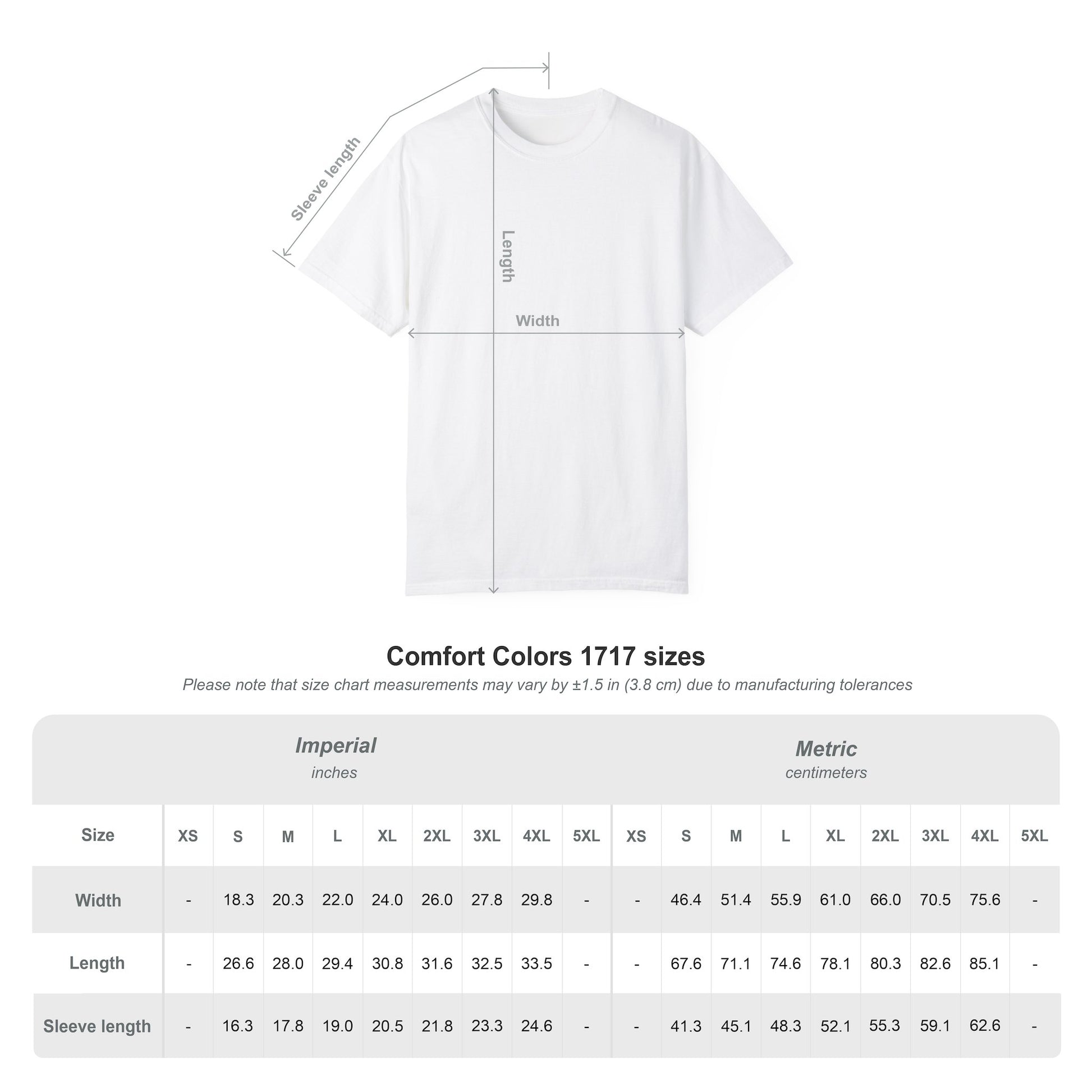 A sizing chart for “The Day I Learned to Fly” by Jarrod Eastman, a surreal and funny unisex T-shirt with a diagram showing how to measure length and width. Sizes XS–4XL listed in inches and centimeters for the perfect fit.