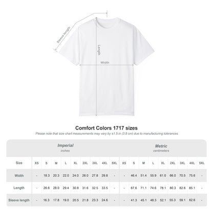 A sizing chart for “The Day I Learned to Fly” by Jarrod Eastman, a surreal and funny unisex T-shirt with a diagram showing how to measure length and width. Sizes XS–4XL listed in inches and centimeters for the perfect fit.
