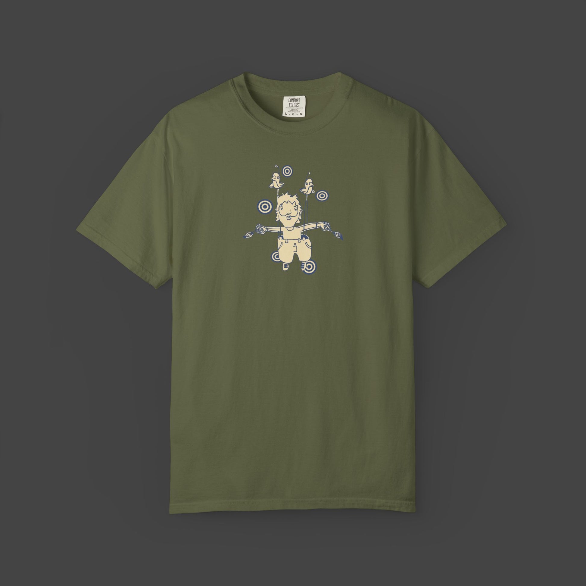 The Day I Learned to Fly by Jarrod Eastman—this surreal, inspirational, and funny unisex olive green T-shirt features a surreal, cartoon-style flying figure with birds