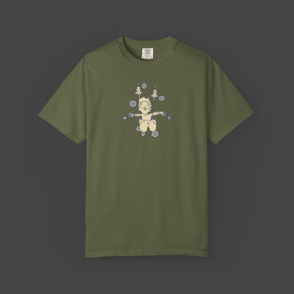 The Day I Learned to Fly by Jarrod Eastman—this surreal, inspirational, and funny unisex olive green T-shirt features a surreal, cartoon-style flying figure with birds