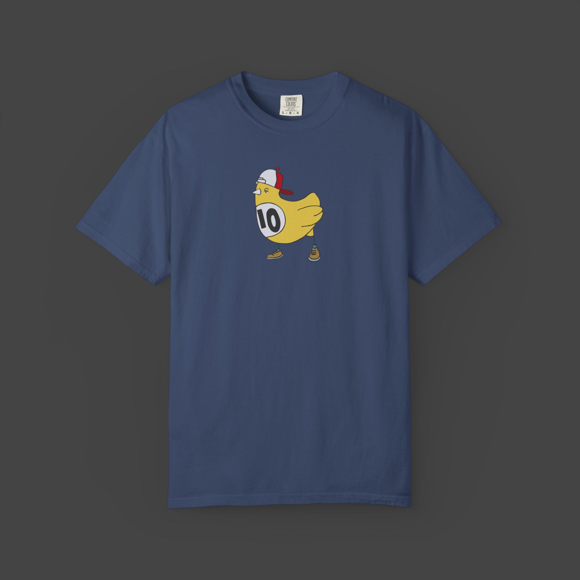 The Chicken Scratch Unisex T-shirt by Jarrod Eastman from Printify features a surreal cartoon yellow chicken in a red cap, sneakers, and race bib 10 on a dark gray tee—adding quirky art style to your wardrobe.