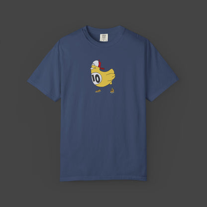 The Chicken Scratch Unisex T-shirt by Jarrod Eastman from Printify features a surreal cartoon yellow chicken in a red cap, sneakers, and race bib 10 on a dark gray tee—adding quirky art style to your wardrobe.