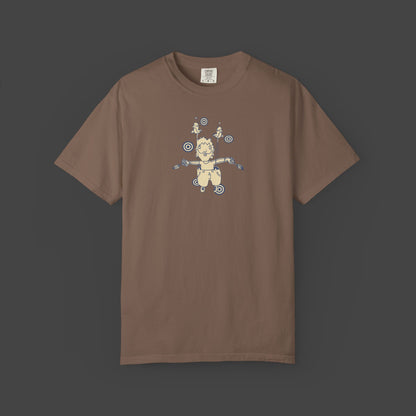 The Day I Learned to Fly by Jarrod Eastman Unisex T-shirt features a surreal, cartoon-style flying figure with birds