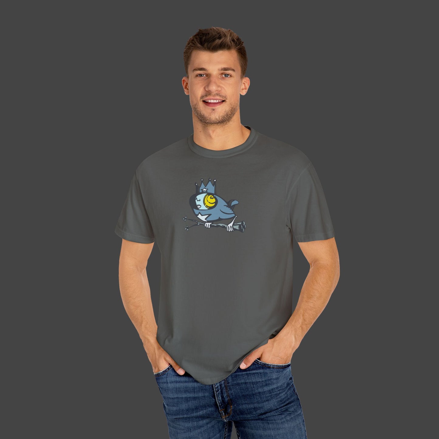 A smiling man wears Biddy, a surreal bird unisex T-shirt by Jarrod Eastman.