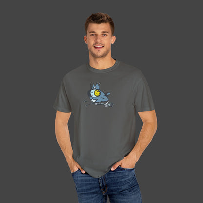 A smiling man wears Biddy, a surreal bird unisex T-shirt by Jarrod Eastman.