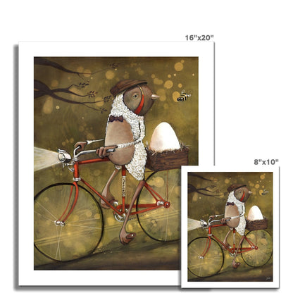 Spokes Malone by Jarrod Eastman: whimsical painting of a bird dressed in scarf and cap riding a red bicycle with a nest holding an egg, playful surreal art