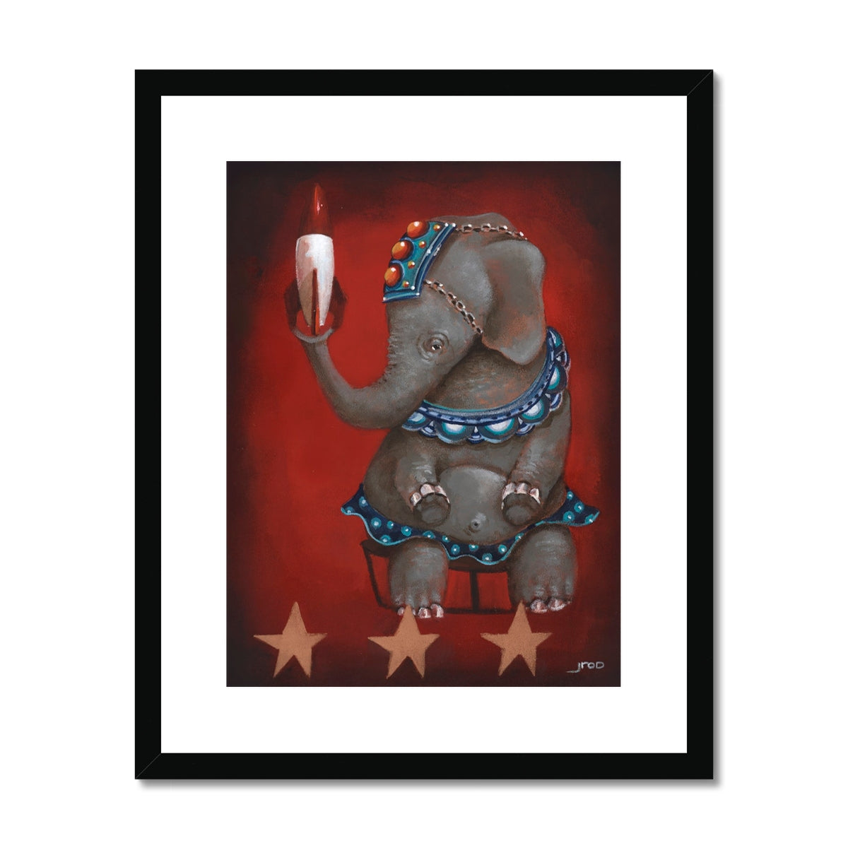 Whimsical circus elephant painting holding a rocket with bold retro flair framed.
