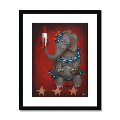 Whimsical circus elephant painting holding a rocket with bold retro flair framed.
