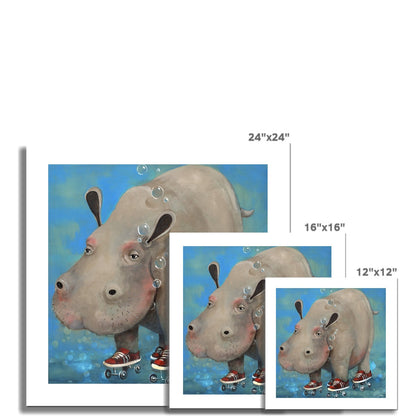 Hippopotamus Rollerskatius by Jarrod Eastman: whimsical painting of a hippo underwater wearing roller skates, surreal contemporary art with playful charm.