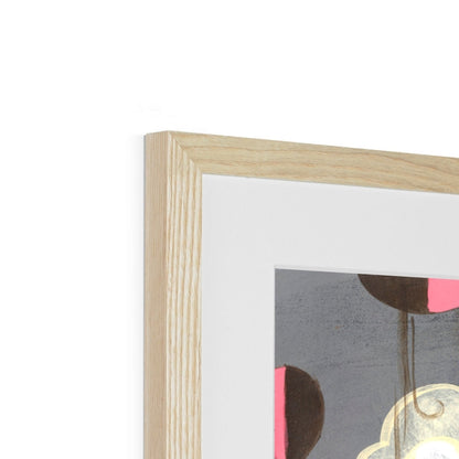 Close-up of the top left corner of Prodigis Beyond Ice Cream Island frame, featuring part of an abstract giclée print on fine art paper with black, pink, and gold shapes on a gray background.