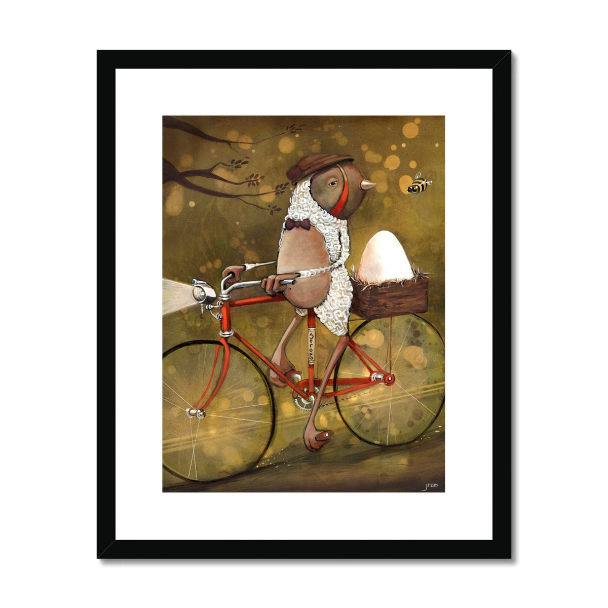 Spokes Malone by Jarrod Eastman: whimsical painting of a bird dressed in scarf and cap riding a red bicycle with a nest holding an egg, playful surreal art