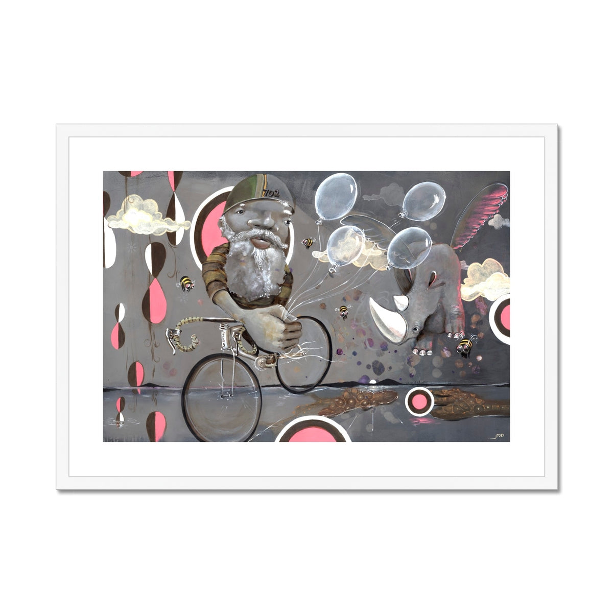 Beyond Ice Cream Island by Prodigi features a whimsical bearded man on a bicycle, bees, bubbles, and a winged elephant—vividly captured on fine art paper with premium giclée printing.