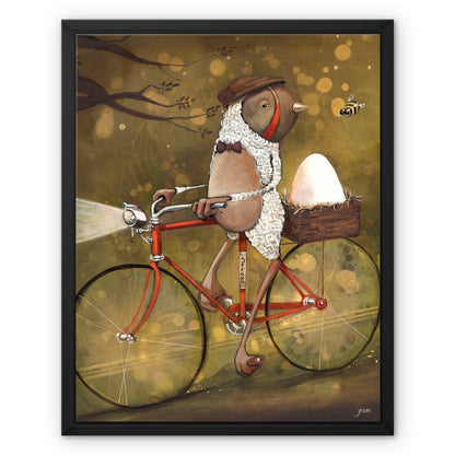 Spokes Malone by Jarrod Eastman: whimsical painting of a bird dressed in tie and cap riding a red bicycle with a nest holding an egg, playful surreal art
