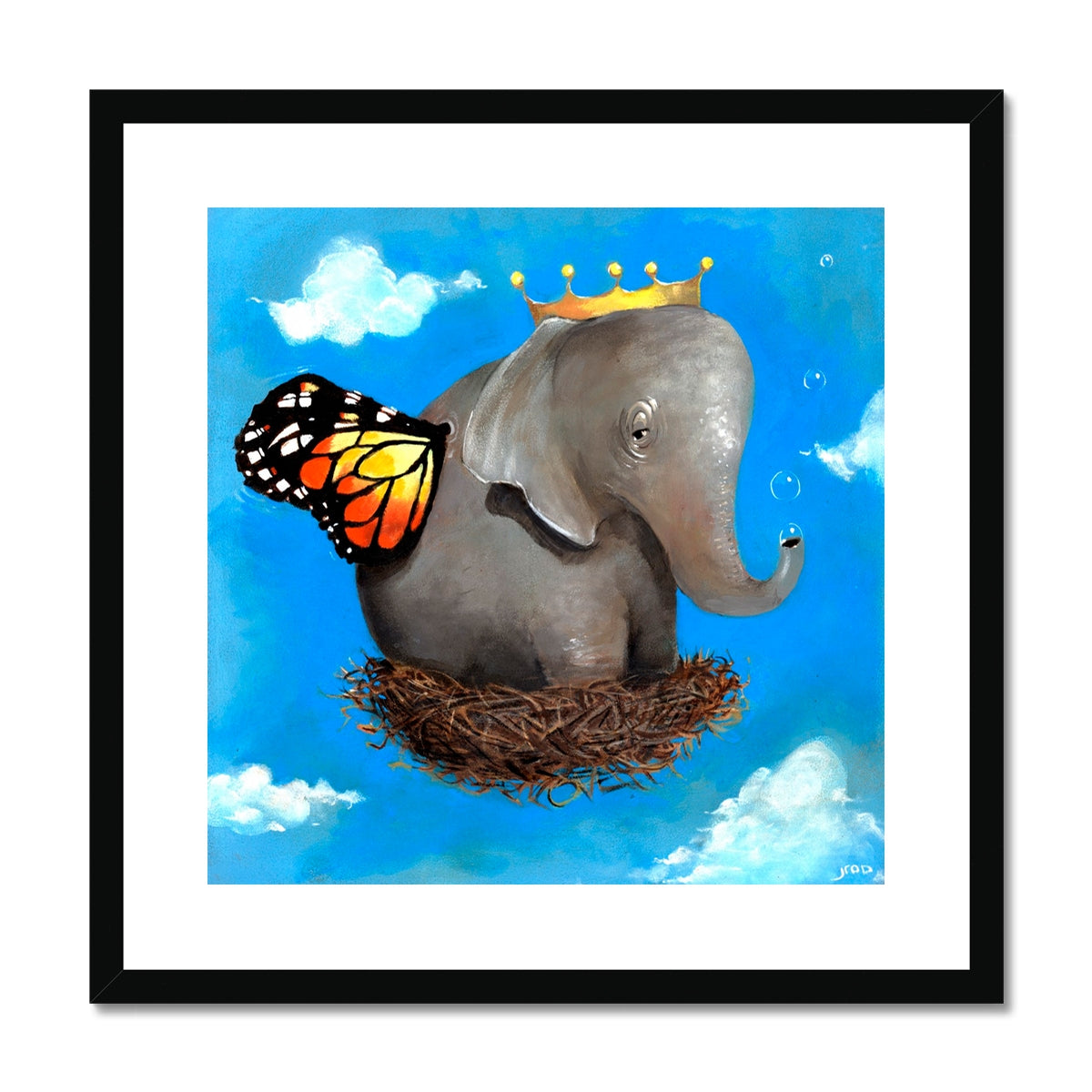 "Surreal elephant with monarch wings and crown resting in a nest of dreams." framed in black
