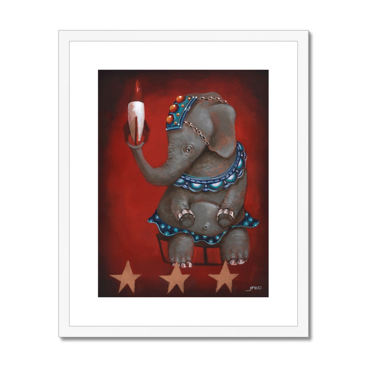 Whimsical circus elephant painting holding a rocket with bold retro flair. Framed in white