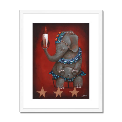 Whimsical circus elephant painting holding a rocket with bold retro flair. Framed in white