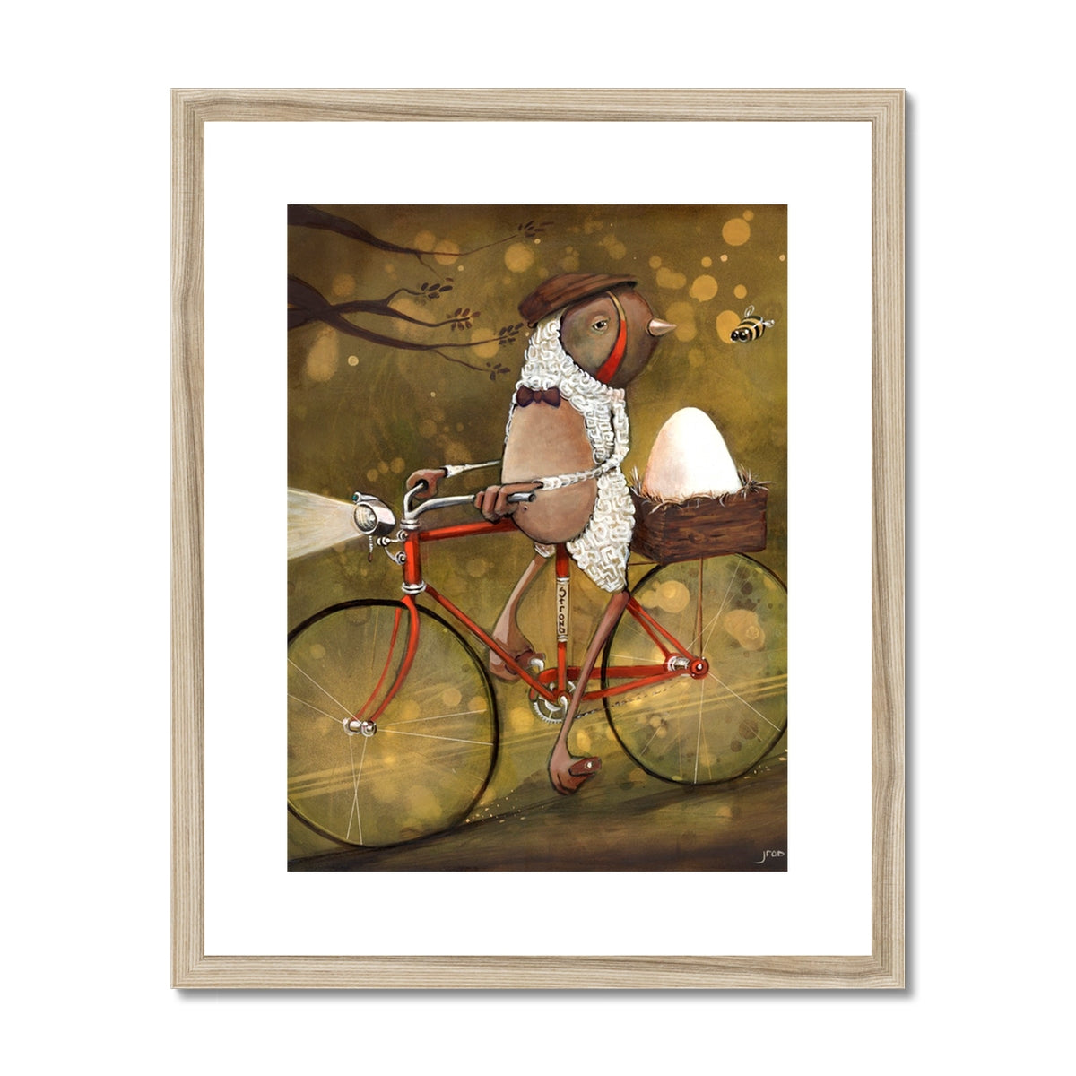 Spokes Malone by Jarrod Eastman: whimsical painting of a bird dressed in scarf and cap riding a red bicycle with a nest holding an egg, playful surreal art