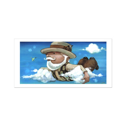 Floating and Fluttering by Prodigi features a whimsical bearded man with hat and mustache drifting among blue sky clouds as a green bird flutters nearby. Archival-quality fine art paper preserves every vibrant detail.