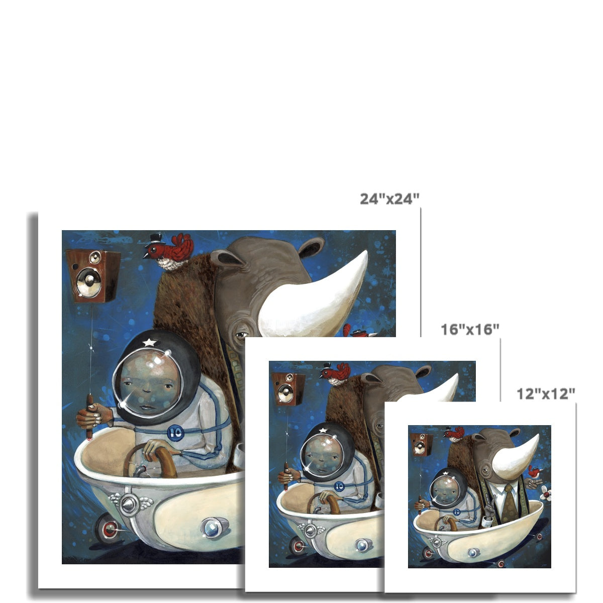 Prodigis Preaching to the Choir features a smiling astronaut child in a bathtub spaceship with a rhino and cardinals, set against a starry blue background. Available print sizes: 24x24, 16x16, and 12x12.