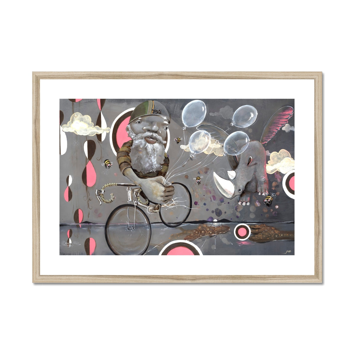 Beyond Ice Cream Island by Prodigi features a bearded man riding a bicycle amid bubbles, bees, clouds, and a winged elephant on a vibrant abstract background—beautifully reproduced on Hahnemühle German Etching fine art paper.