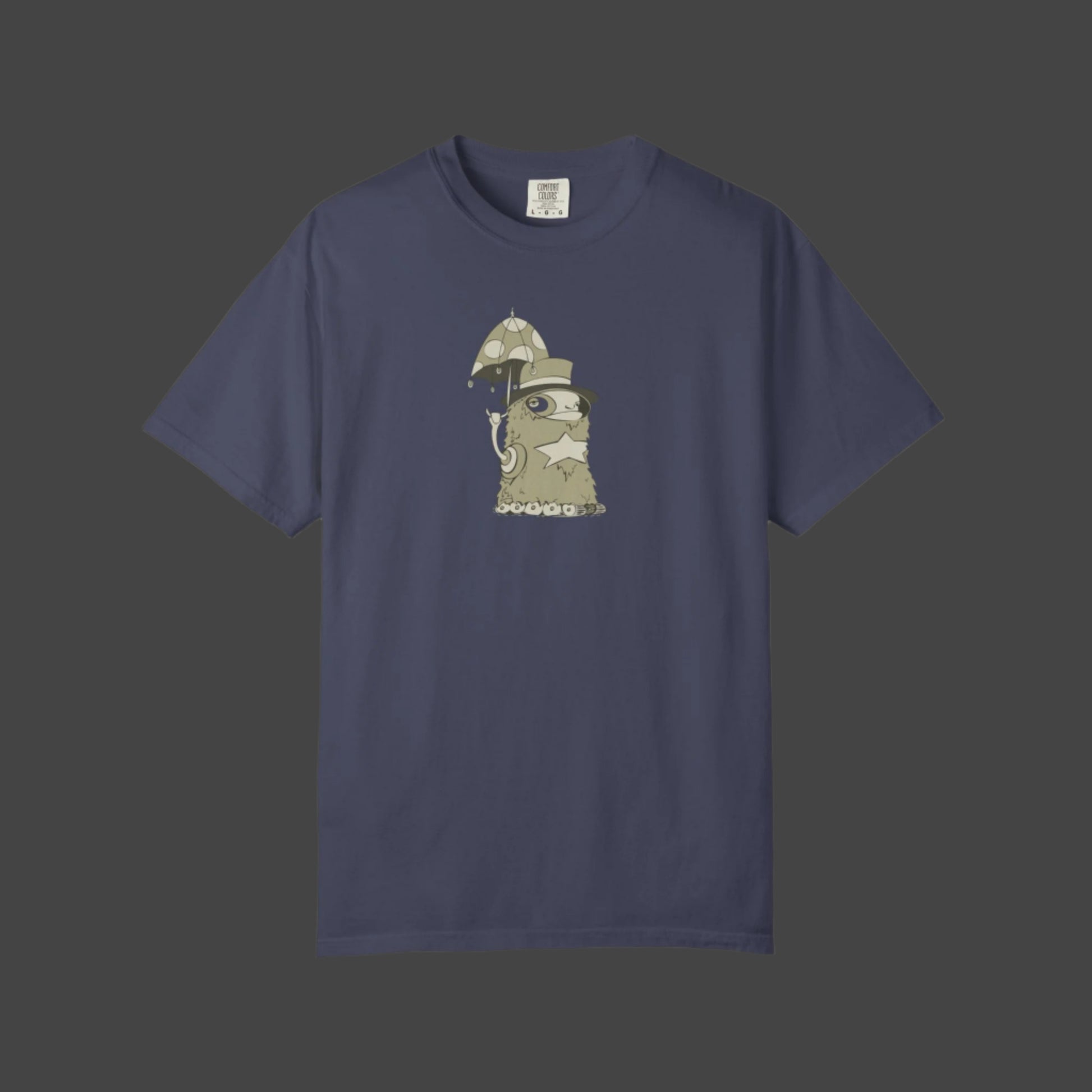 The Printify Funky Monster T-shirt - Uptown Lester Design features a navy blue cartoon slug with goggles and an umbrella in the center, ideal for fans of unique, artistic clothing.