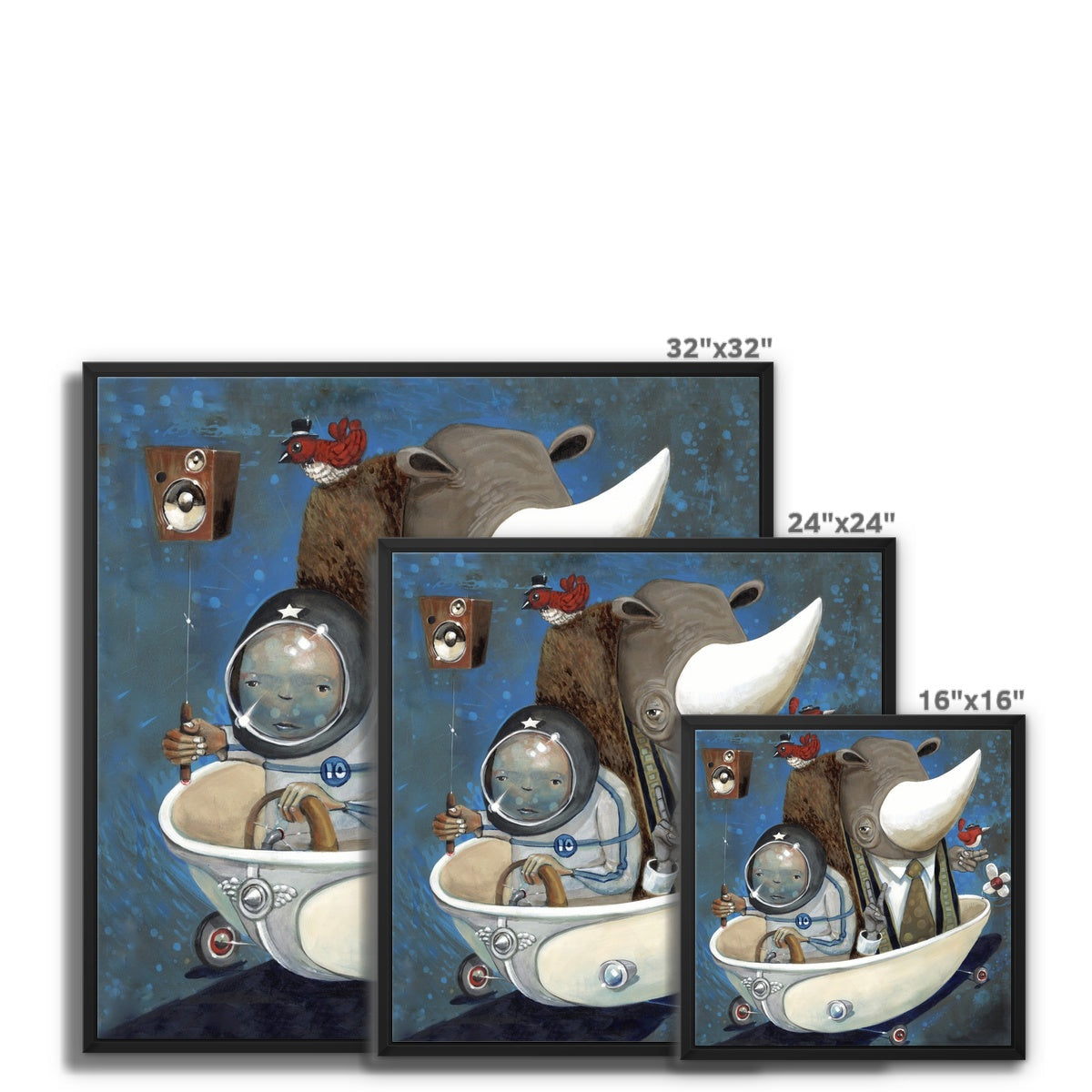 Preaching to the Choir by Jarrod Eastman: A whimsical painting of a baby in a bathtub with a space helmet, beside a rhinoceros. A red bird perches above on a speaker against a textured blue background. Three overlapping print sizes displayed.