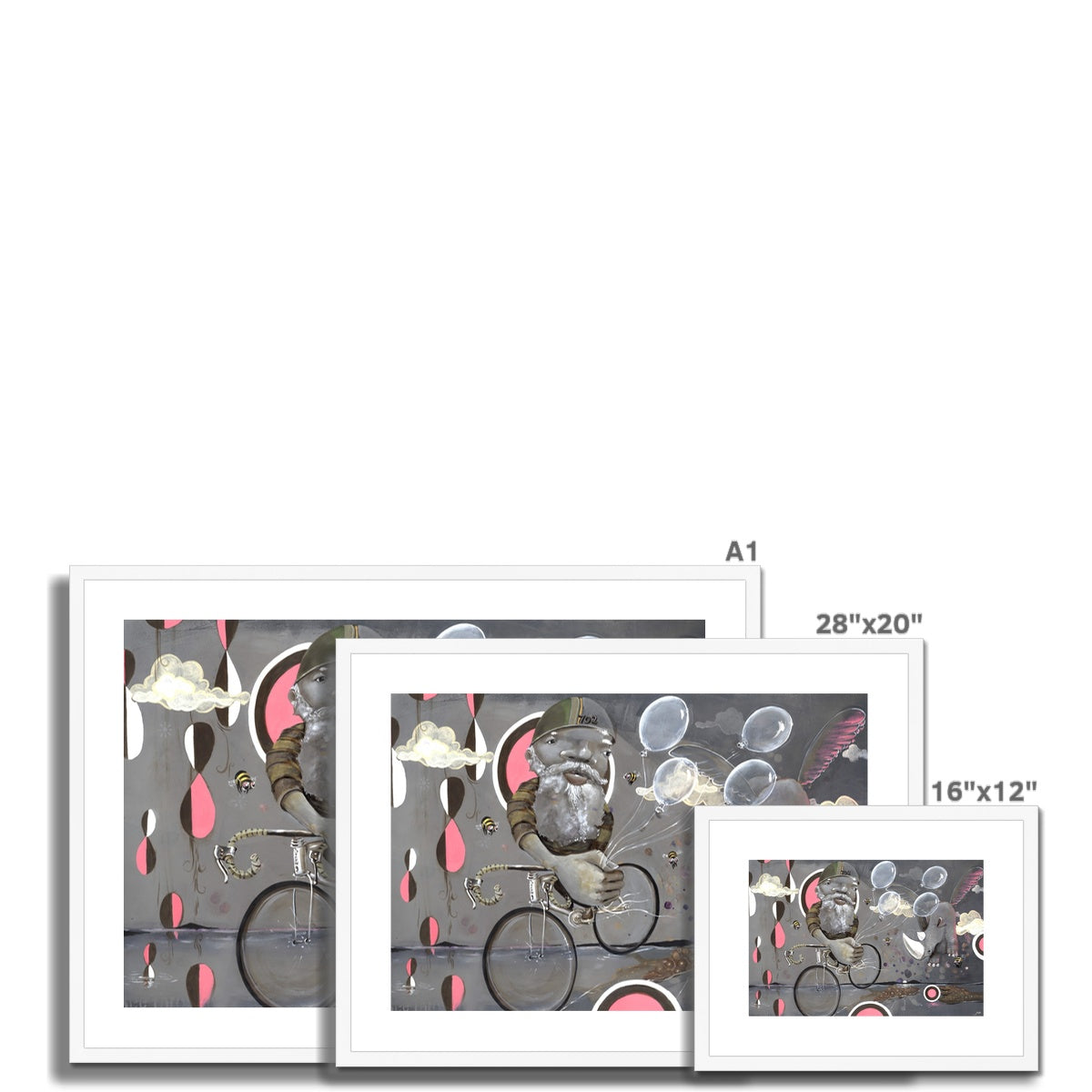 Beyond Ice Cream Island by Prodigi features three framed giclée prints on fine art paper, depicting whimsical art of a bearded man cycling among floating bubbles, clouds, and red-and-white teardrops on a gray background.