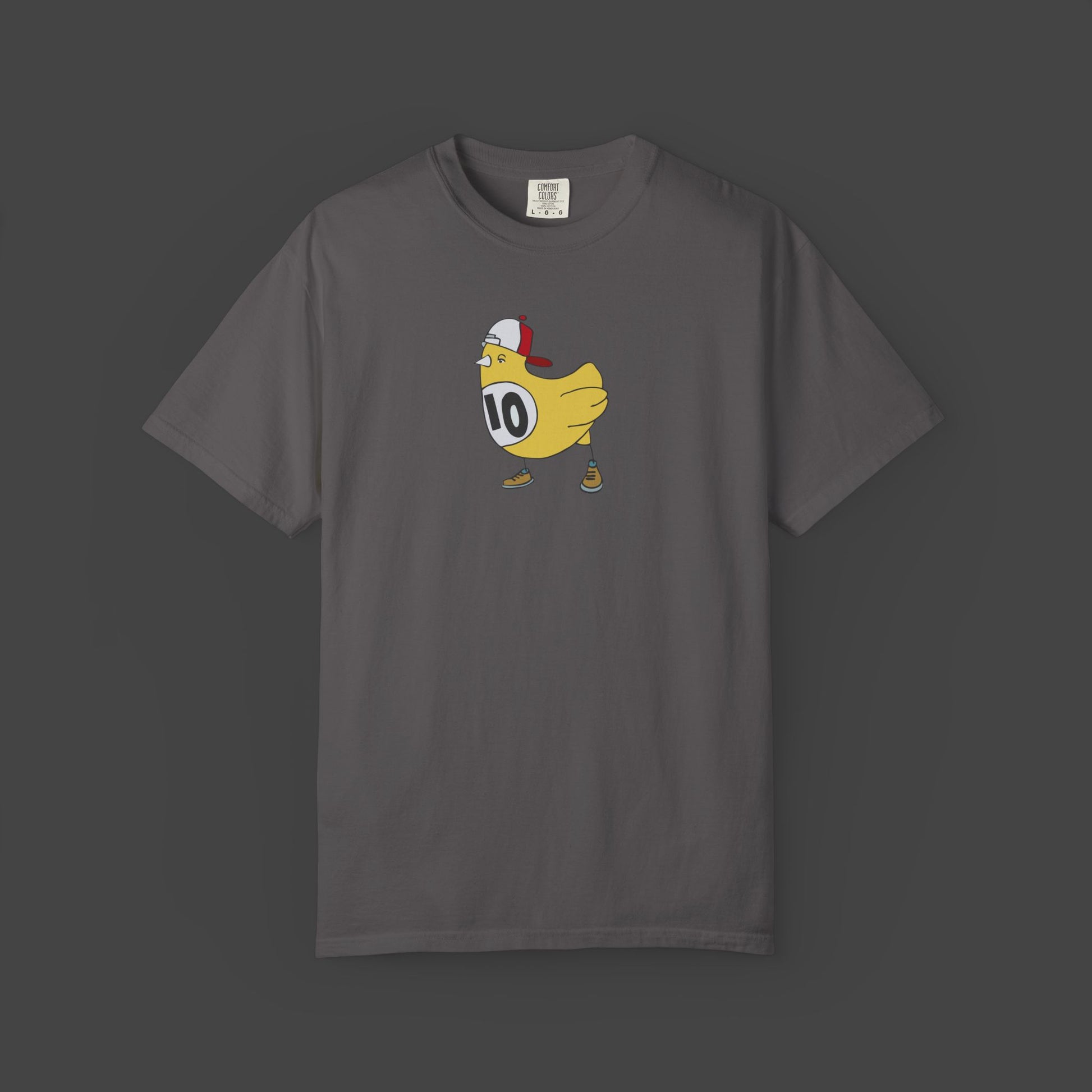 The Chicken Scratch Unisex T-shirt by Jarrod Eastman from Printify features a surreal, fun cartoon yellow chicken in a red cap, sneakers, and #10 jersey—perfect for adding quirky style to any casual outfit.