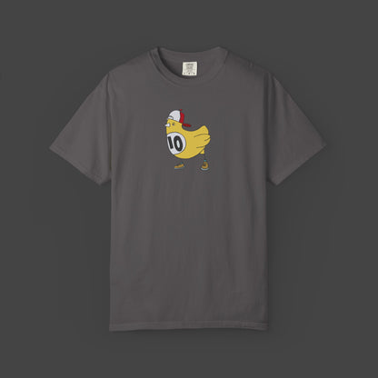 The Chicken Scratch Unisex T-shirt by Jarrod Eastman from Printify features a surreal, fun cartoon yellow chicken in a red cap, sneakers, and #10 jersey—perfect for adding quirky style to any casual outfit.